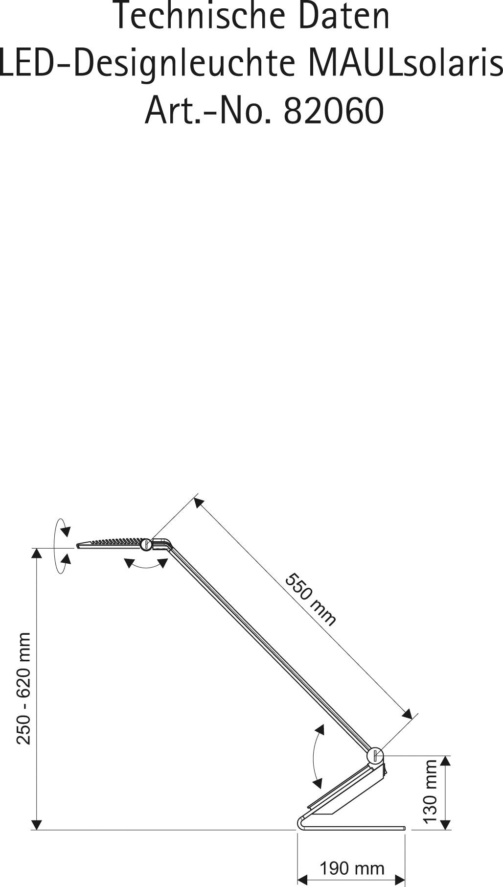 Technický výkres LED dizajnovej lampy s rozmermi: výška 250-620 mm, šírka 190 mm, dĺžka 550 mm, č. výrobku 82060.