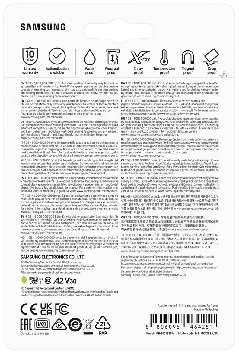 Zadná strana obalu Samsung s informáciami o záruke, charakteristikami produktu vrátane odolnosti voči vode a teplotám a rôznymi symbolmi.