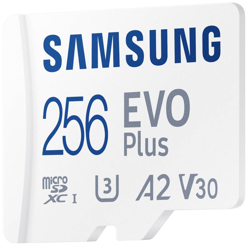Pamäťová karta SAMSUNG 256 EVO Plus, biela karta s modrým a sivým textom, softvérové špecifikácie 'microSDXC I', 'U3', 'A2', 'V30'.