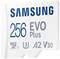 Pamäťová karta SAMSUNG 256 EVO Plus, biela karta s modrým a sivým textom, softvérové špecifikácie 'microSDXC I', 'U3', 'A2', 'V30'.