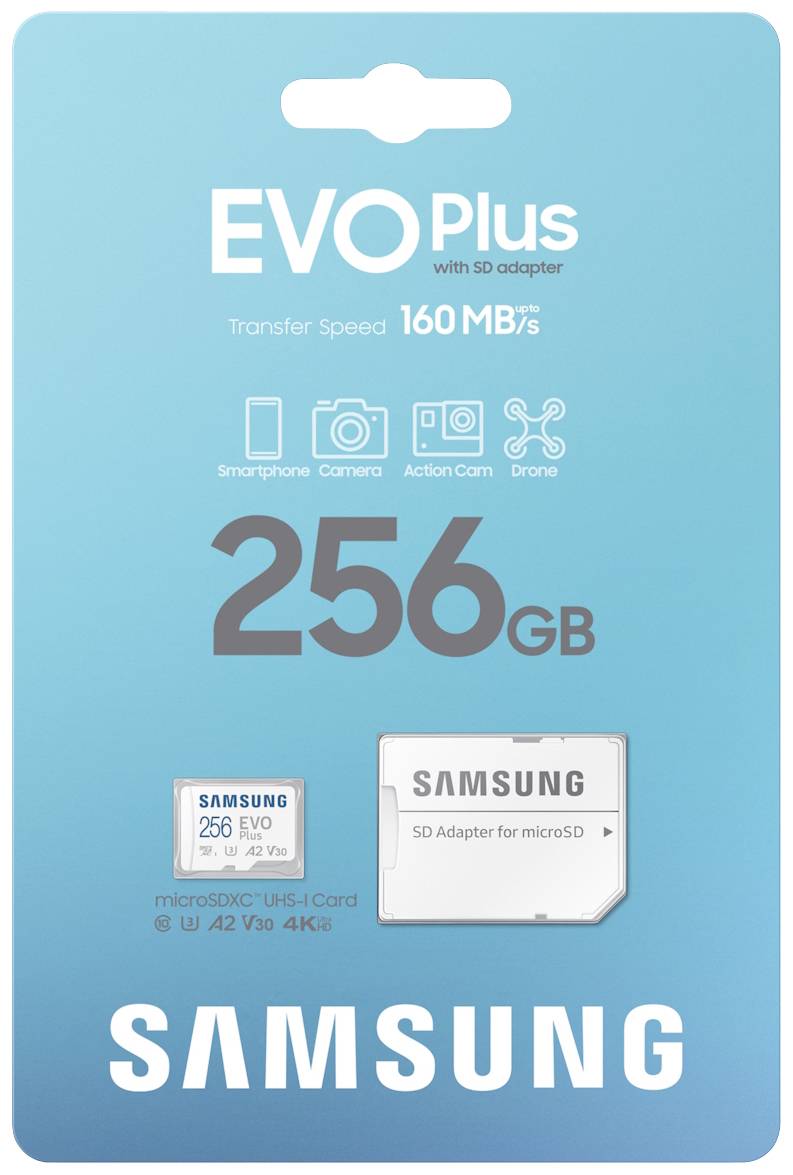 Balenie microSD karty 'Samsung EVO Plus' s kapacitou 256 GB. Rýchlosť prenosu 160 MB/s, vrátane SD adaptéra.