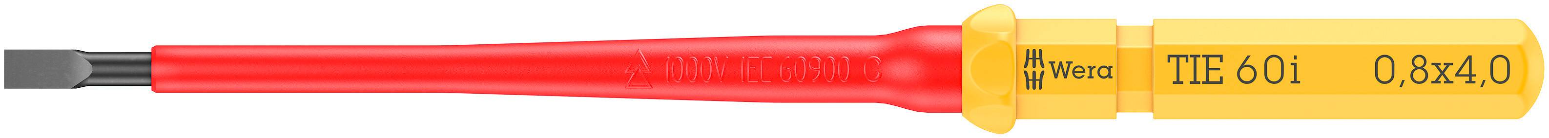 Izolovaný skrutkovač so červeným držadlom a žltou čepeľou značky Wera, model 'TT E 601' a veľkosť '0.8x4.0'.