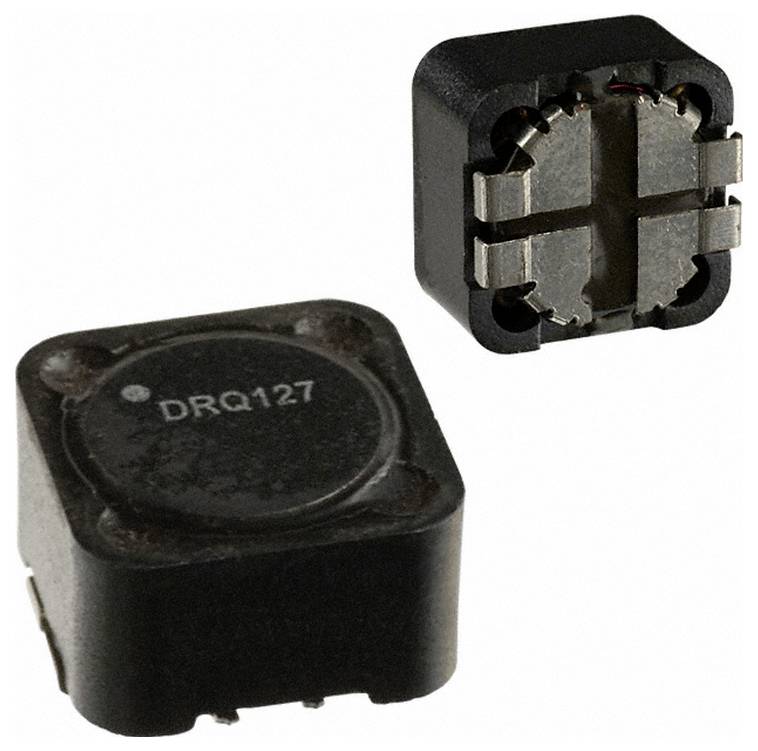 Dva čierne elektronické súčiastky označené "DRQ127" s kovovými vývodmi pre pripojenie do obvodu, zobrazené z pohľadu zhora a zdola.