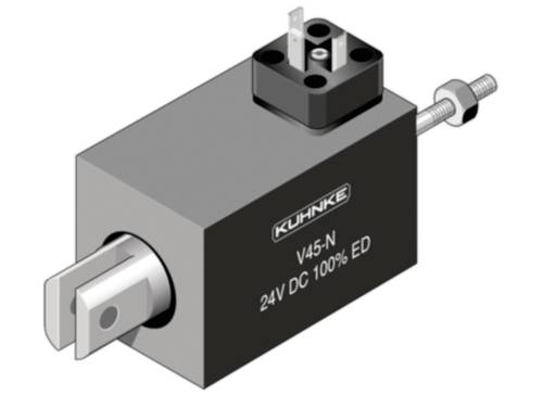 Elektromagnet typu V45-N od spoločnosti Kuhnke so špecifikáciou 24V DC a 100% ED, obdĺžnikového tvaru so skrutkovým pripojením.