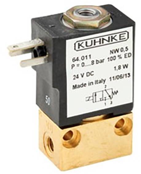 Solenoidový ventil od Kuhnke s technickým označením: 24 V DC, 1,8 W, vyrobený v Taliansku. Používaný prevažne v kvapalinových systémoch.