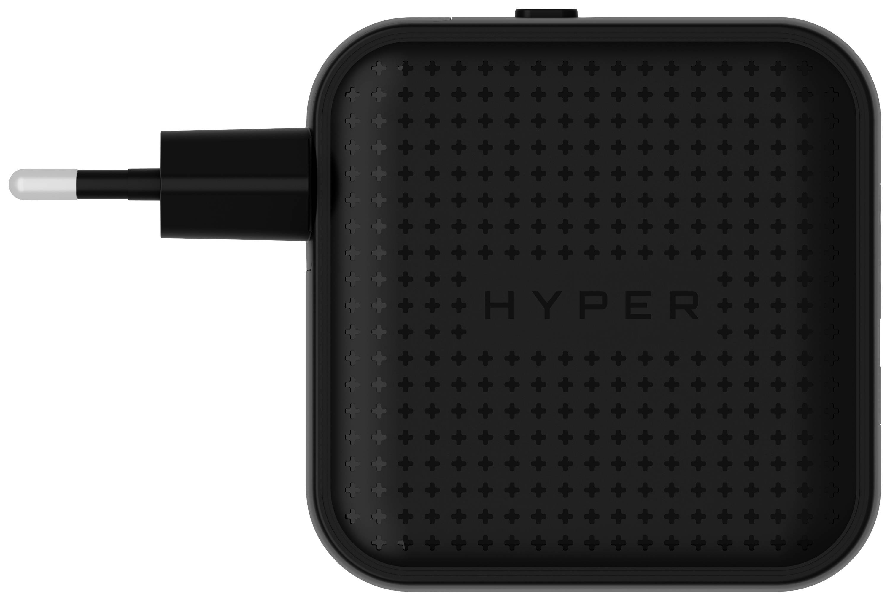 Kompaktná čierna USB-C nabíjačka s európskym adaptérom. Na prednej strane nápis 'Hyper' a textúrovaný vzor.