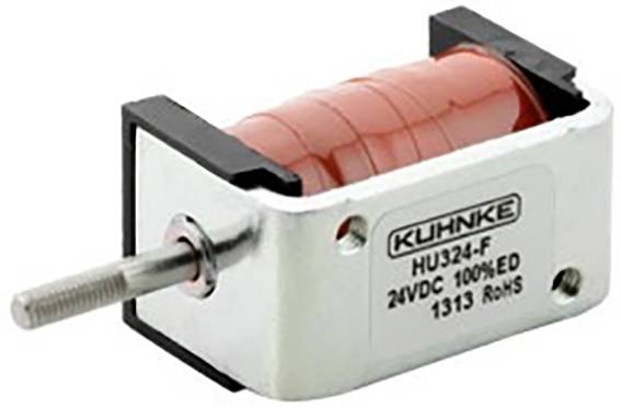 Lineárny magnet s červeným vinutím a tyčou. Etiketa uvádza: 'Kuhnke HU324-F, 24VDC, 100% ED, 1313'. Výrobok na elektrickú kontrolu pohybu.