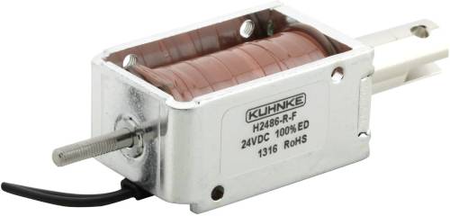 Obdĺžnikový elektromagnet s nápisom 'Kuhnke H24850-R-F, 24VDC, 100% ED, 1316, RoHS' zobrazuje napätie a špecifikácie.