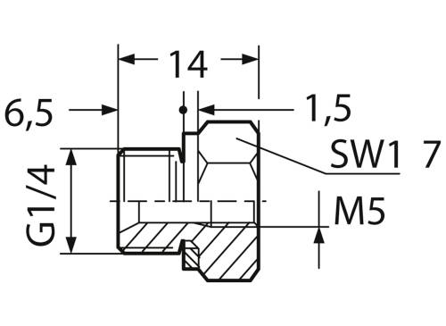 Technický výkres skrutkovej súčiastky s rozmermi: 6,5, 14, 1,5 mm. Závit G1/4 a M5, šírka kľúča SW1, priečny rez.