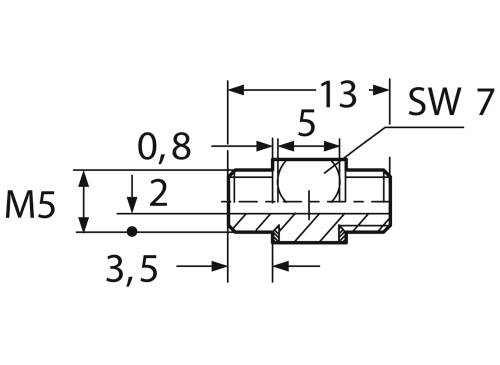 Technický výkres kovového komponentu so závitom M5, rozmery: dĺžka 13 mm, priemer 3,5 mm, šírka pre šesťhranný kľúč SW 7.