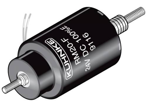 Valcovitá súčiastka s nápisom 'KUHNKE RM20-F 24V DC 100%' a pripojovacím káblom, pravdepodobne elektrický aktuátor.