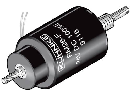 Valcový elektromagnetický komponent značky Kuhnke, model RM26-F, s nápisom '24V DC 100%', má pripojenia na oboch koncoch.