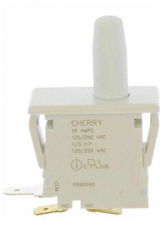 Biely elektrický spínač označený „CHERRY" so špecifikáciami: „10 AMPS, 125/250 VAC, 1/3 H.P." a kódom „E6900A0".