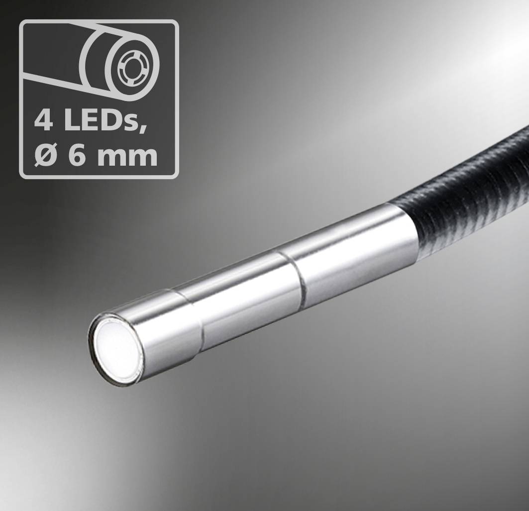 Strieborná endoskopická hlava so 4 LED diódami a priemerom 6 mm. Vhodná na presné kontroly v úzkych priestoroch.