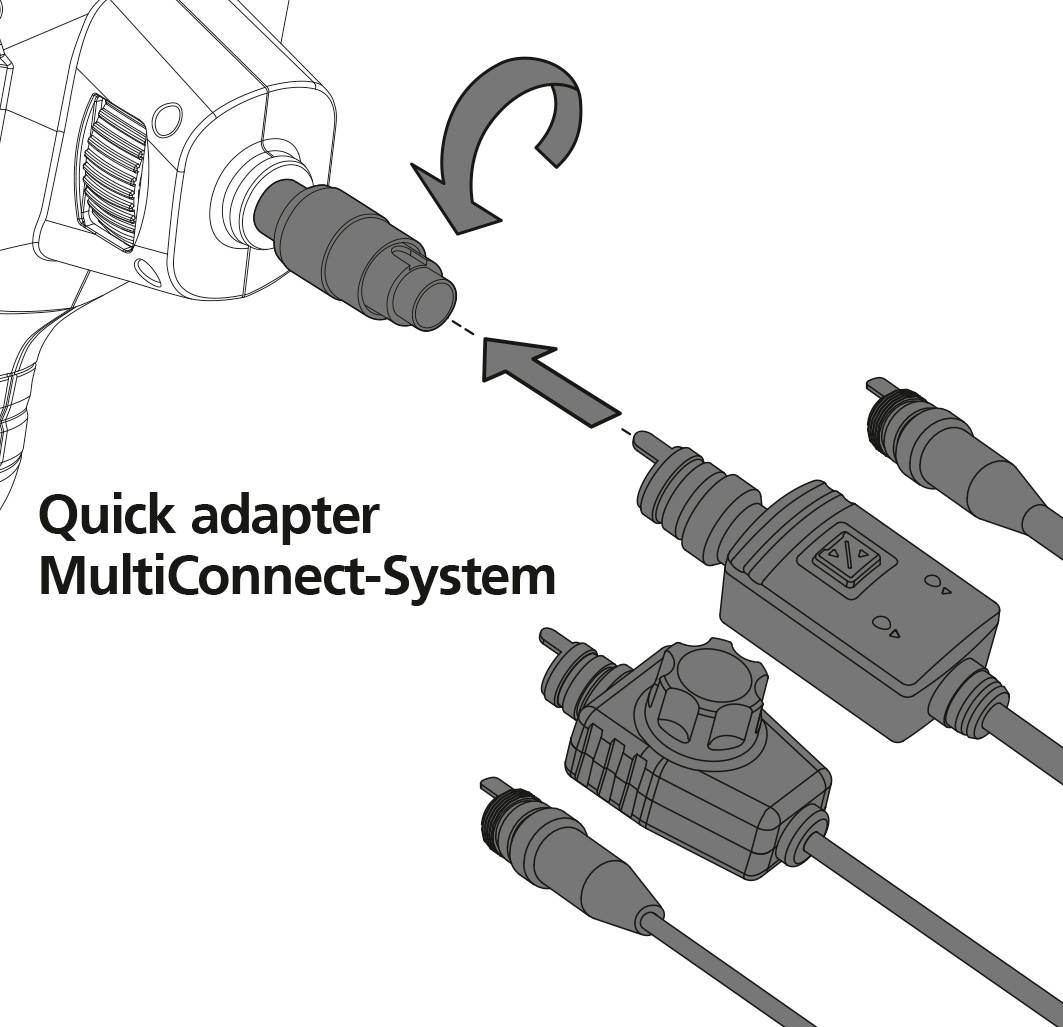 Diagram znázorňuje elektrický viacnásobný zásuvkový systém. Adaptér je zasunutý do zásuvky s textom 'Rýchly adaptér MultiConnect-systém'.