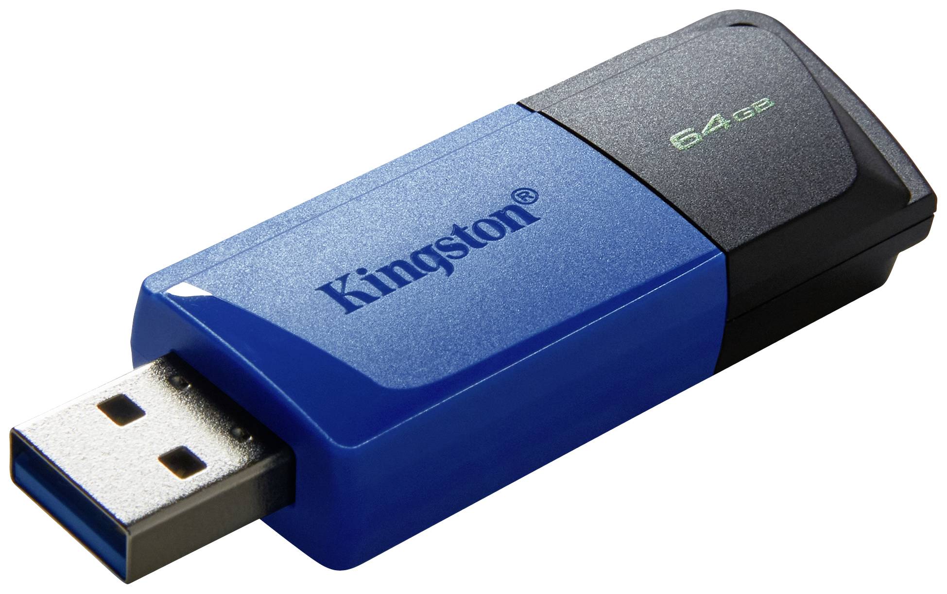 Modrý USB kľúč s čiernym uzáverom, na ktorom je viditeľný firemný názov 'Kingston'. Kapacita: 64 GB.