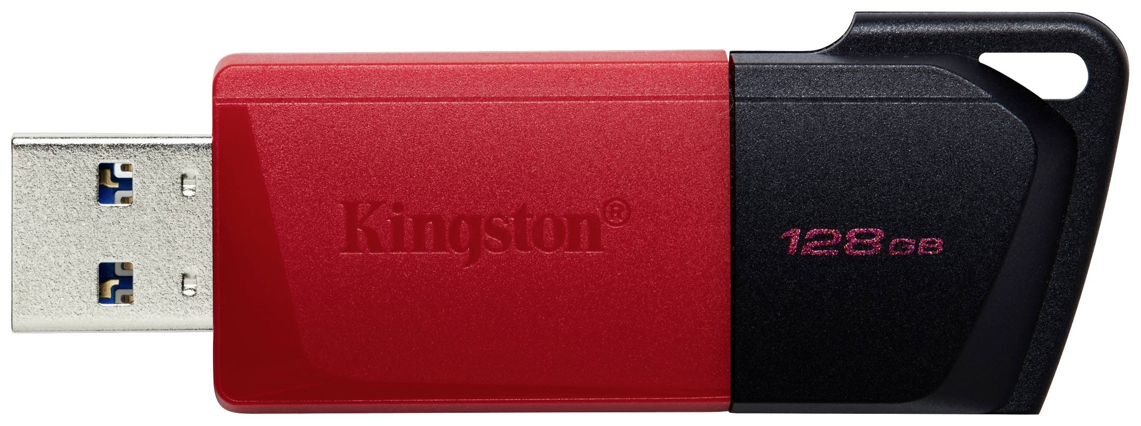 Červený a čierny USB kľúč značky Kingston s kapacitou úložného priestoru 128 GB.