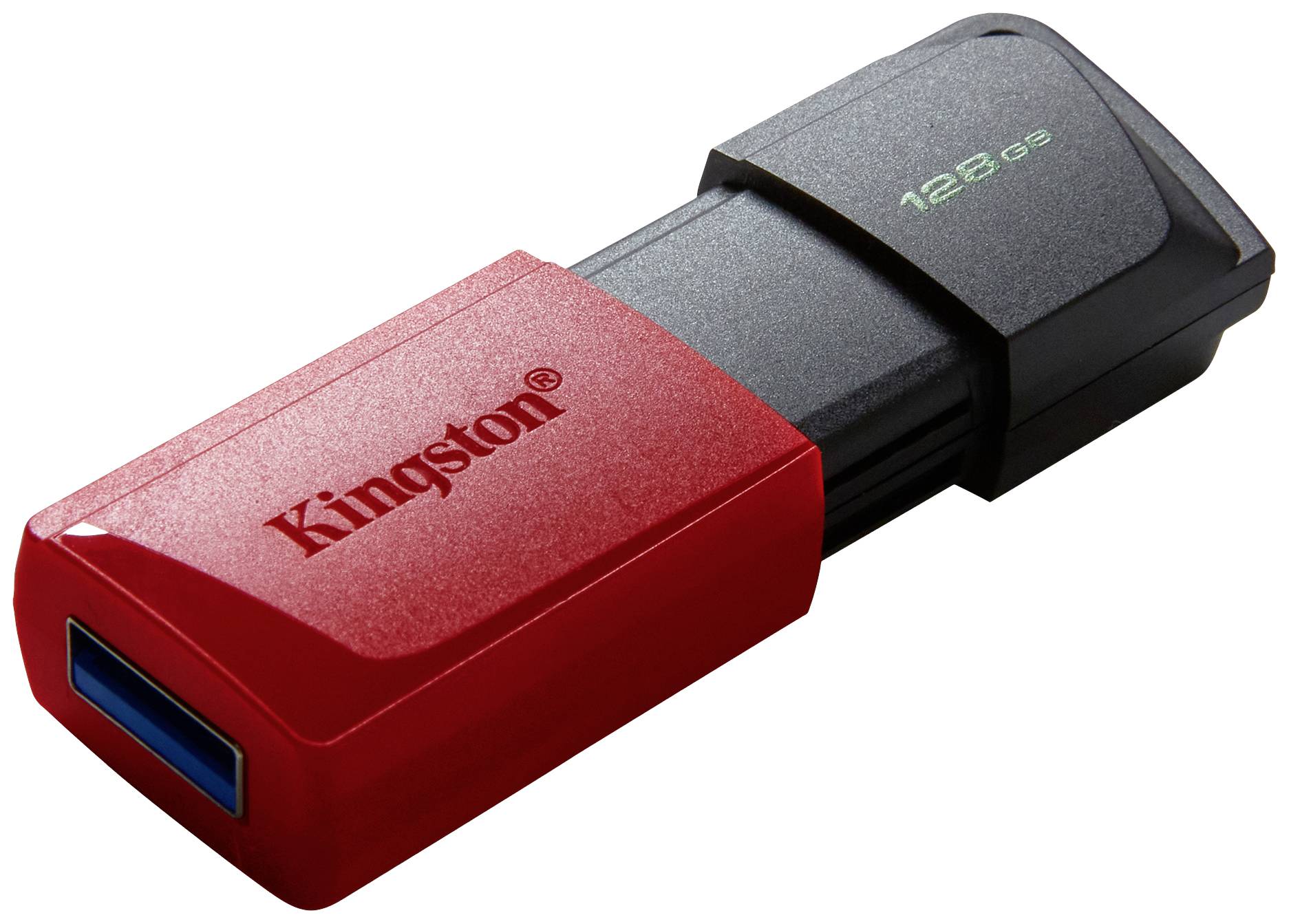 USB kľúč s červeným krytom a čiernym posuvným mechanizmom. Nápis 'Kingston' a '128 GB'.