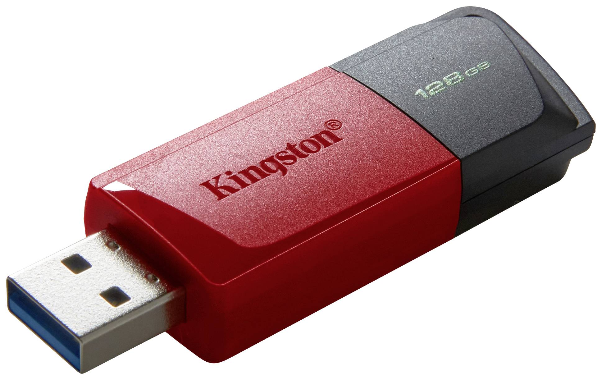 USB kľúč od Kingston s kapacitou 128 GB v červenej a čiernej farbe.