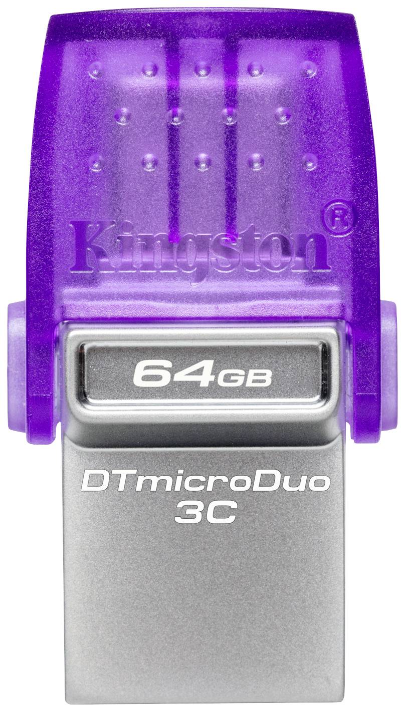 USB kľúč Kingston DTmicroDuo 3C, 64GB, s priehľadným fialovým krytom a strieborným kovovým obalom.