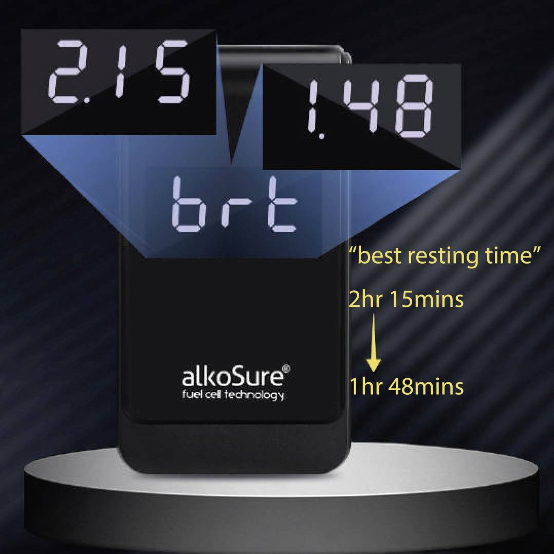 Alkohol senzor ukazuje '2.15' a '1.48'. 'Optimálny čas oddychu' je '2h 15min' a '1h 48min'.
