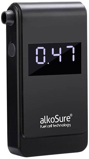 Alkoholový tester s digitálnym displejom zobrazuje hodnotu '0,47'. Zariadenie je čierne s nápisom 'alkoSure fuel cell technology'.