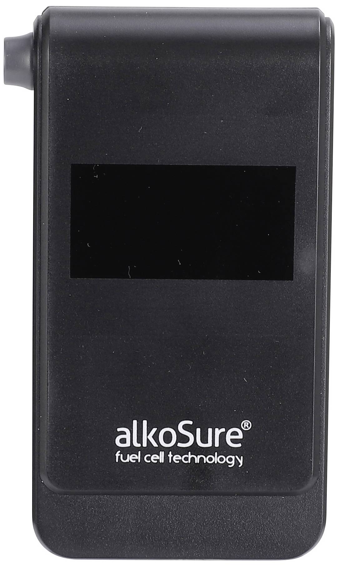 Čierny alkohol tester s nápisom 'alkoSure fuel cell technology' na prednej strane.
