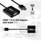 HDMI-VGA adaptér s audio výstupom, rozmermi: HDMI konektor 2,1 cm, škatuľa 7 cm, VGA zásuvka 4,5 cm, audio port 6,3 cm, USB Micro napájanie 1,5 cm.