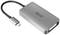 Strieborný adaptér s USB-C portom a DVI výstupom, vhodný na prepájanie zariadení s rôznymi typmi konektorov.
