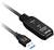 Čierny USB 3.0 predlžovací kábel s modrou USB zásuvkou a čiernym adaptérom. Adaptér má LED indikátor s nápismi 'Power' a 'Link'.