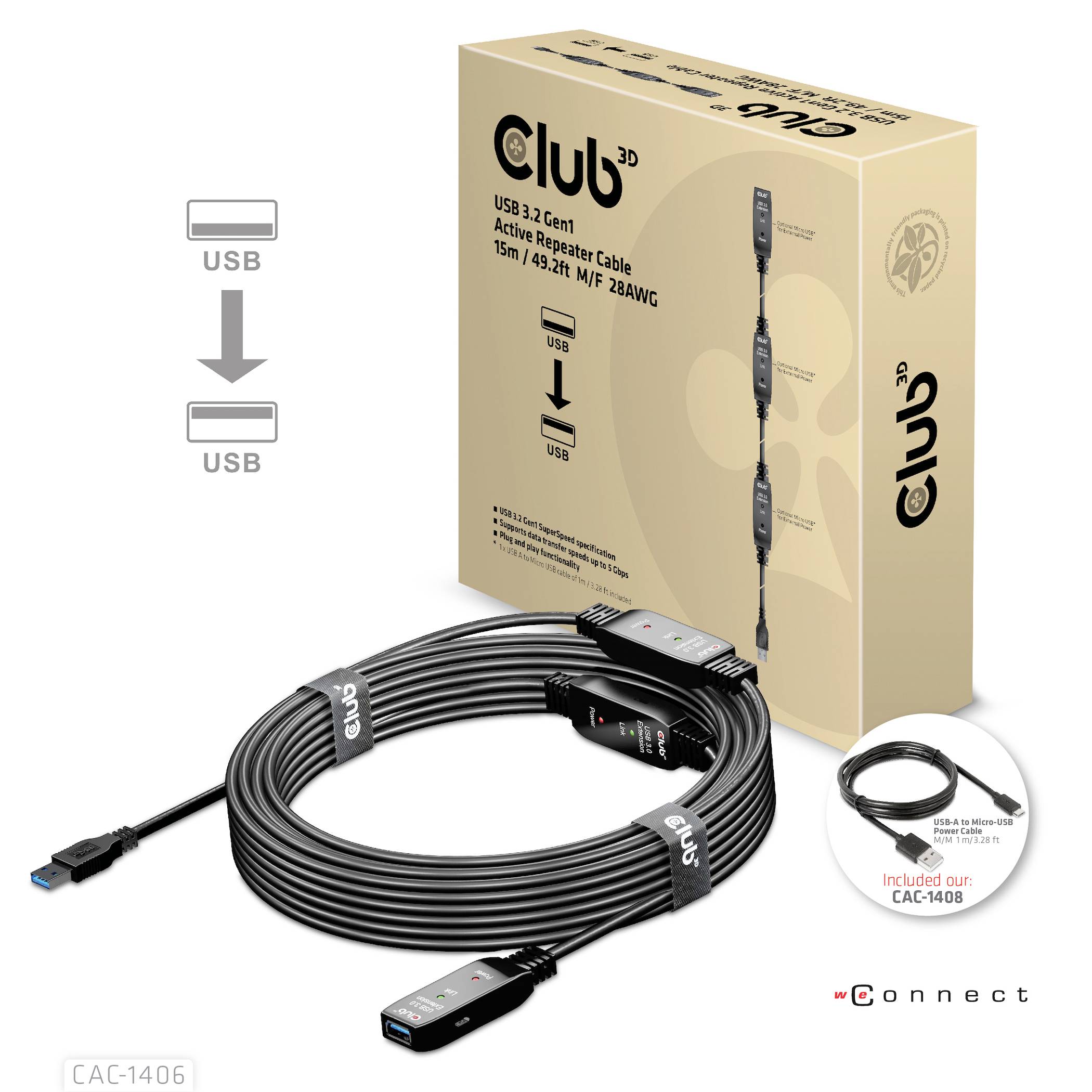 'Club3D USB 3.2 Gen1 aktívny 15m predlžovací kábel' zobrazuje dlhý čierny USB kábel s zosilňovacími modulmi. Obal a produkt sú vyobrazené.