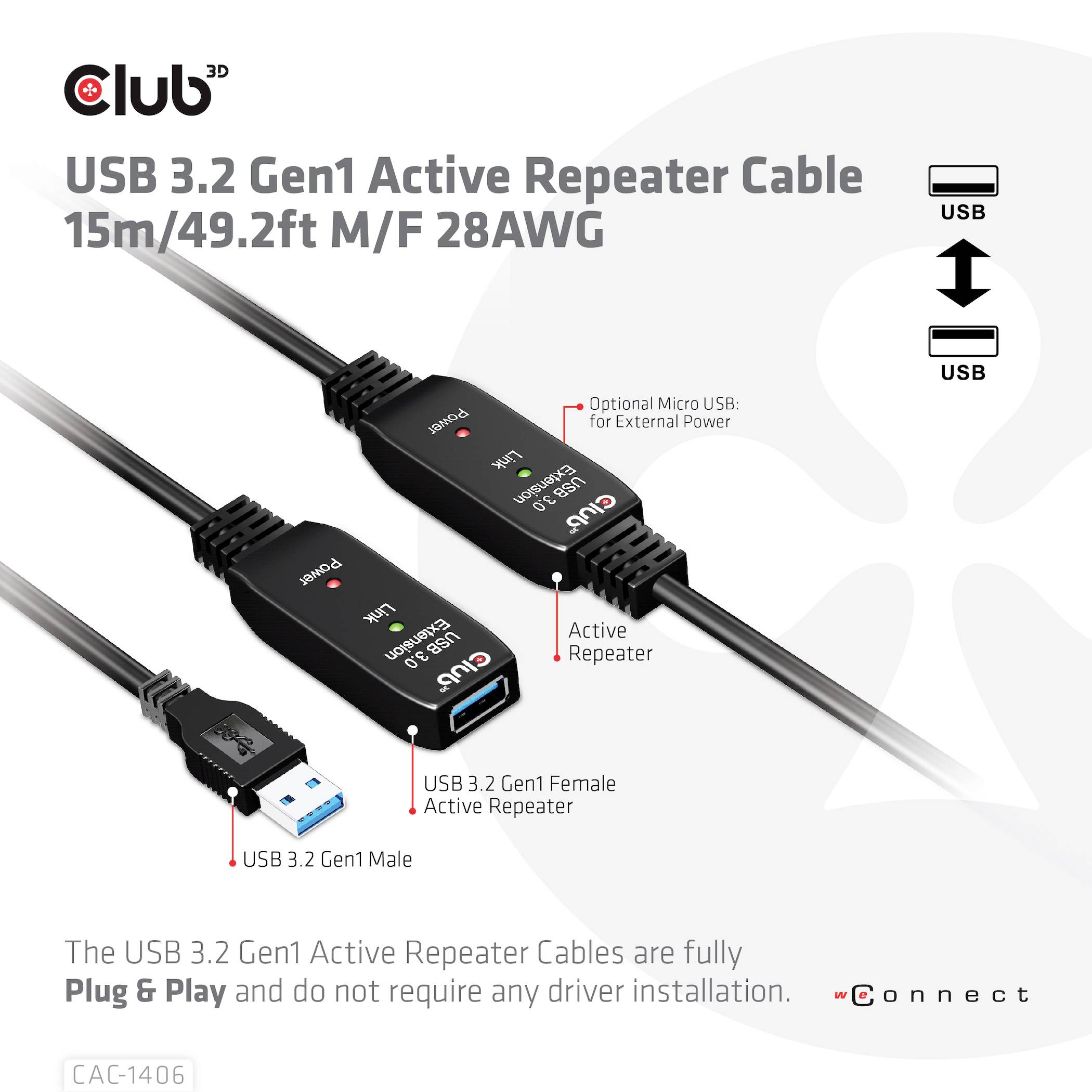 'Kábel Club 3D USB 3.2 Gen1 aktívny opakovač, 15m/49,2ft M/F 28AWG. Využíva externé napájanie. Predlžuje USB signály.'