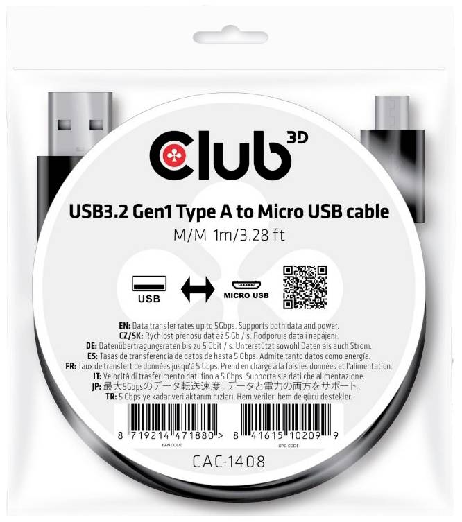 Produktový obal zobrazuje USB3.2 Gen1 Typ A na Micro USB kábel značky 'Club3D'. Dĺžka: 1m. Prenos dát až do 5Gbps.