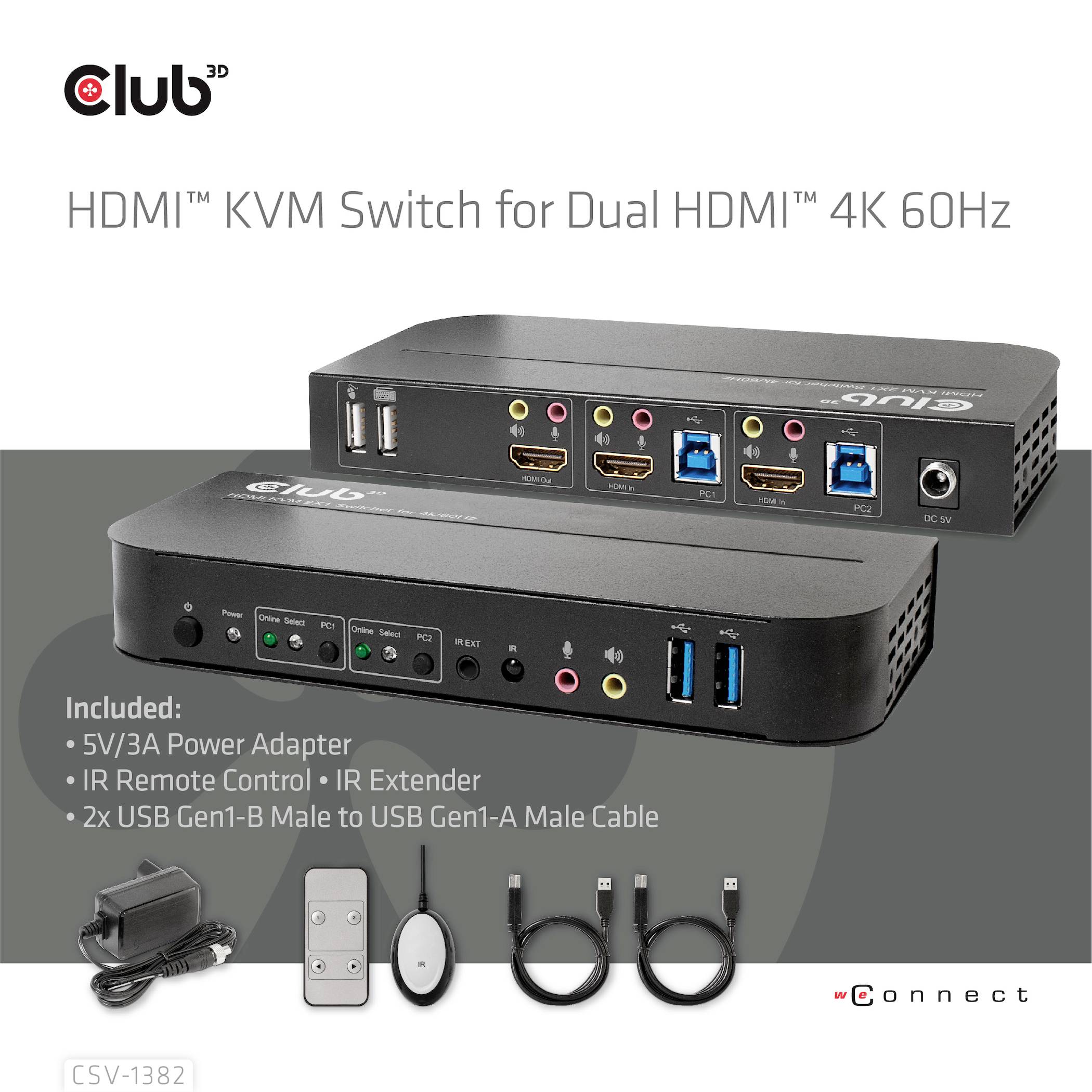 HDMI KVM prepínač pre dual HDMI, 4K 60Hz. Obsahuje: Sieťový adaptér, IR diaľkové ovládanie, IR predlžovací kábel, 2x USB Gen1 porty.