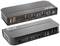 KVM switch s viacerými portami vrátane USB, HDMI, DisplayPort a audio zásuviek; dva zariadenia s čiernym krytom.