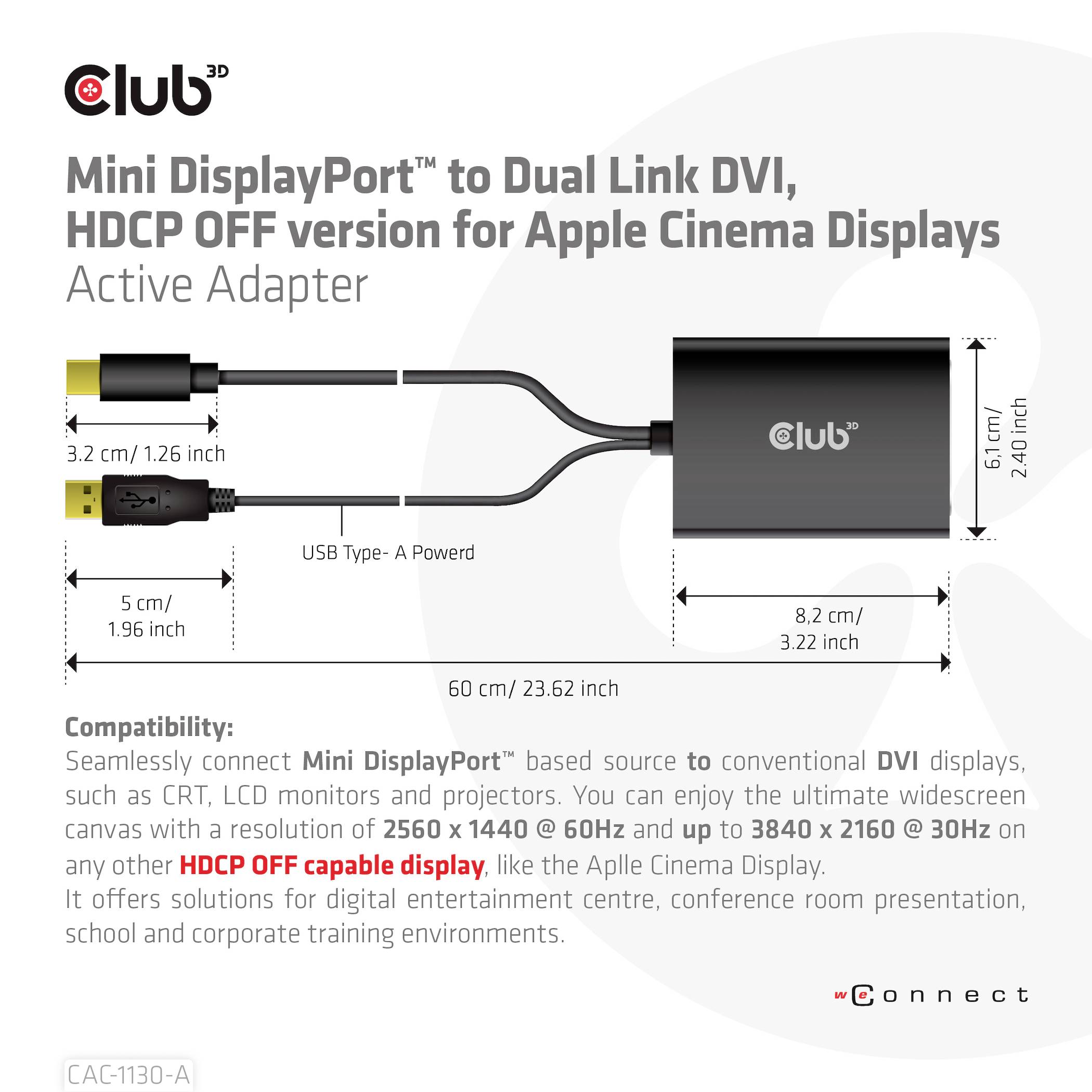"Club 3D Mini DisplayPort na Dual Link DVI adaptér, HDCP VYP." Adaptér pre displeje, rozmery uvedené, napájanie cez USB typ A.