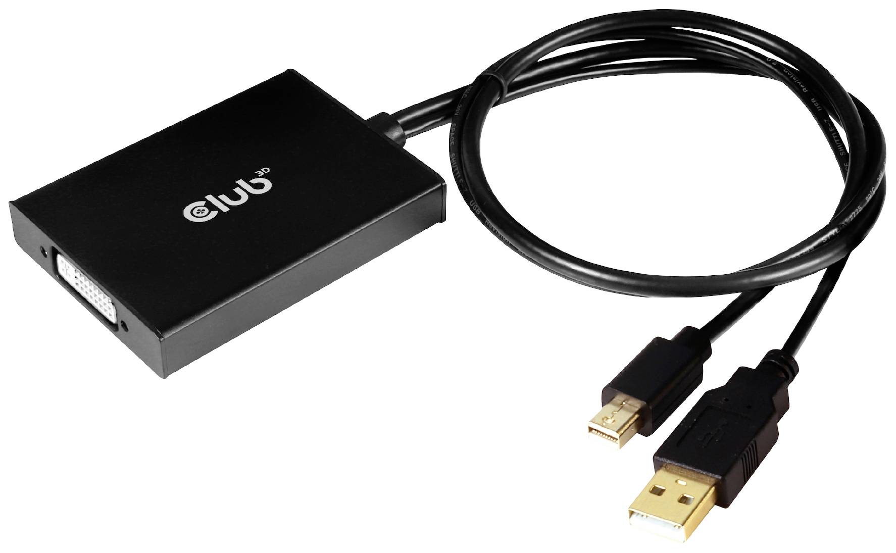 Čierny adaptér s USB a DVI konektormi, používaný na prepojenie zariadení.