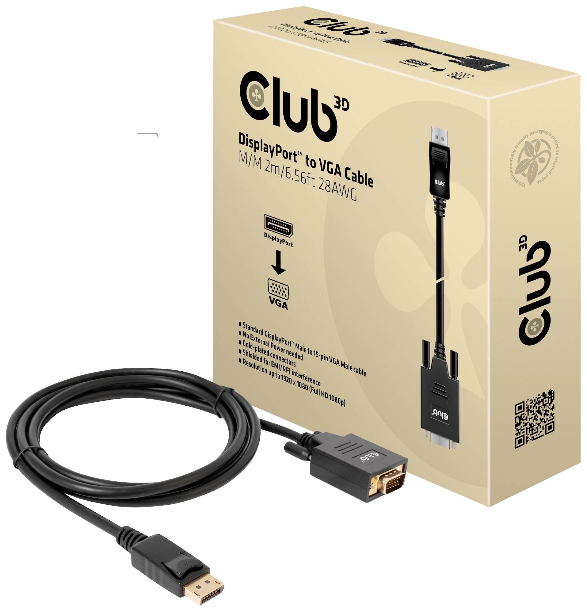 club3D DisplayPort / VGA Cavo Spina DisplayPort, Spina VGA 15pin 2.00 m Nero CAC-1012 Cavo Displayport