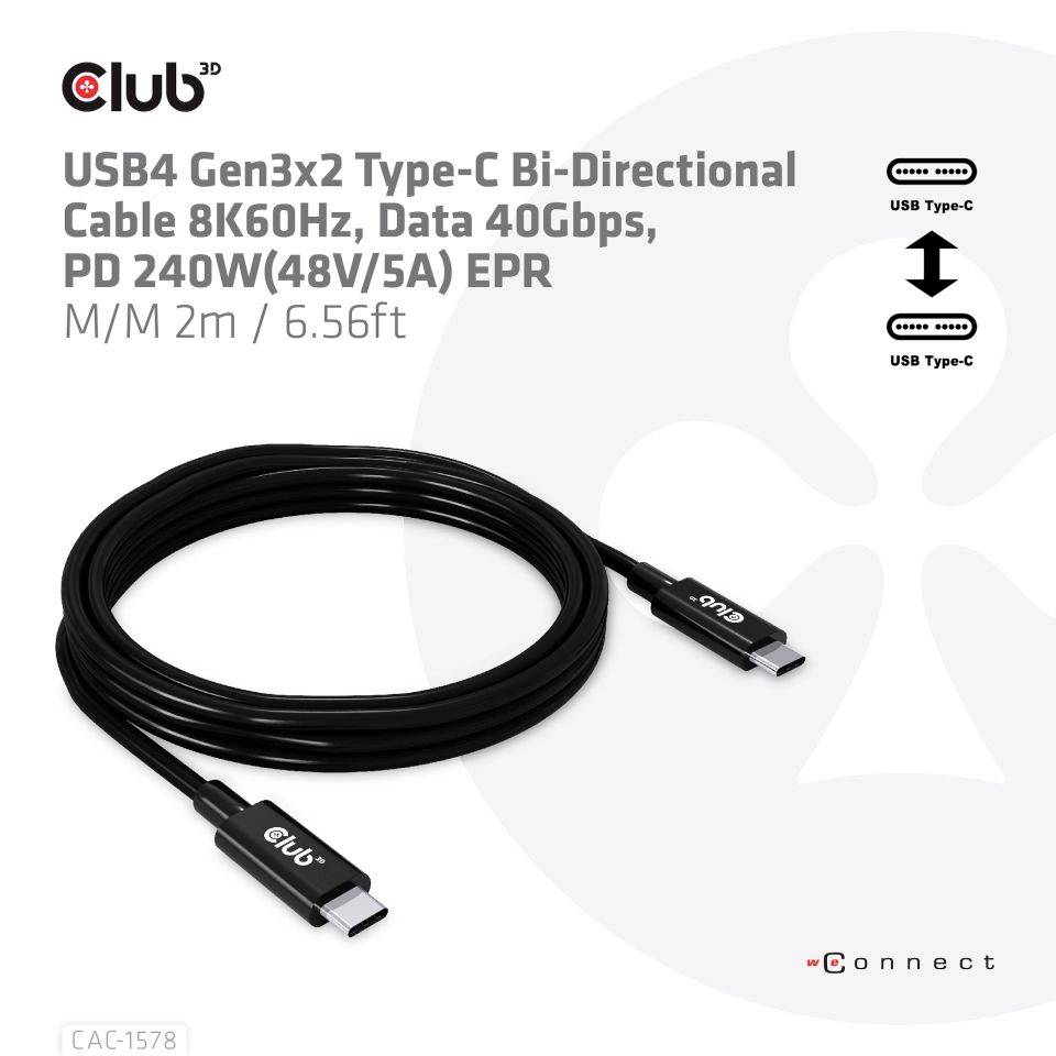 USB4 kábel, konektor Typ-C, dĺžka 2 m. Podporuje 8K60Hz, dátový tok 40 Gbps, 240W napájanie, 48V/5A. Pre obojsmernú komunikáciu.