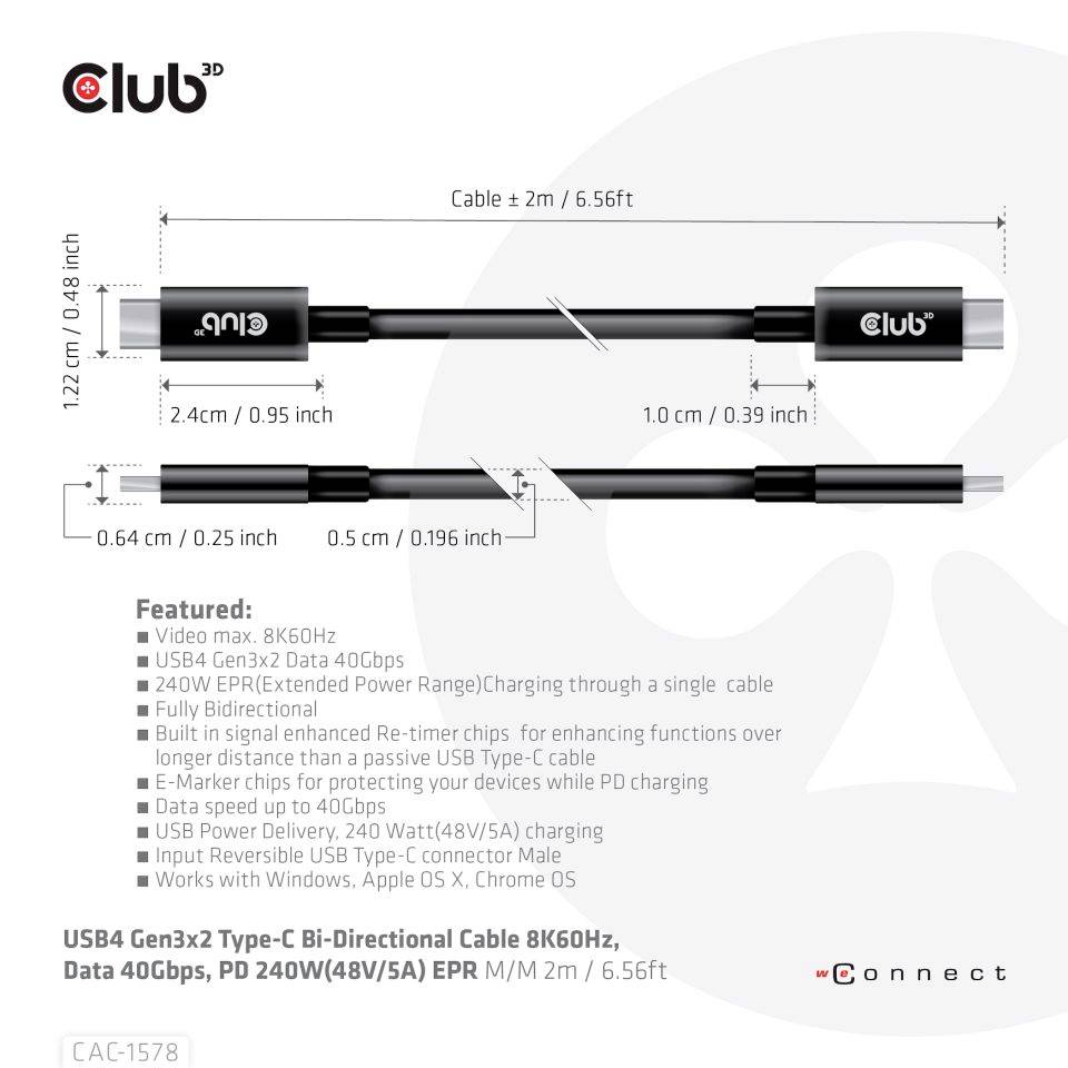 Kábel Club 3D USB4, čierny, 2 m. Podporuje 240W výkon, dátový prenos 40Gbps, kompatibilný s viacerými zariadeniami a operačnými systémami.