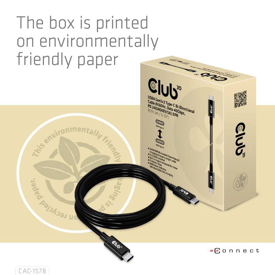 Obal 'Club 3D' vytlačený na ekologickom papieri. Obsahuje USB 3.2 Gen1 USB-C kábel.