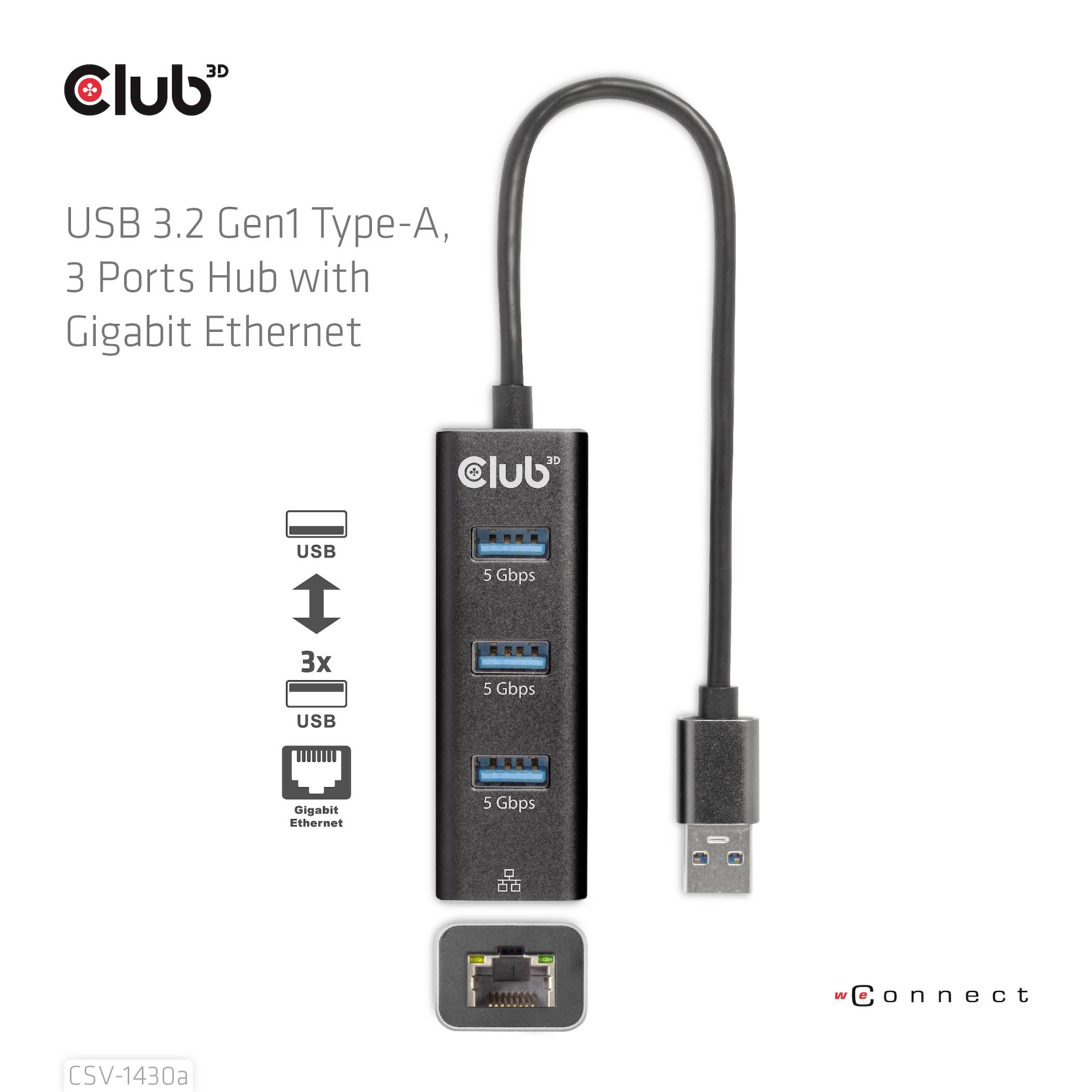 USB 3.2 Gen1 Type-A, 3-portový hub s gigabitovým ethernetom. Obrázok znázorňuje USB hub s tromi USB portami a ethernetovým portom.