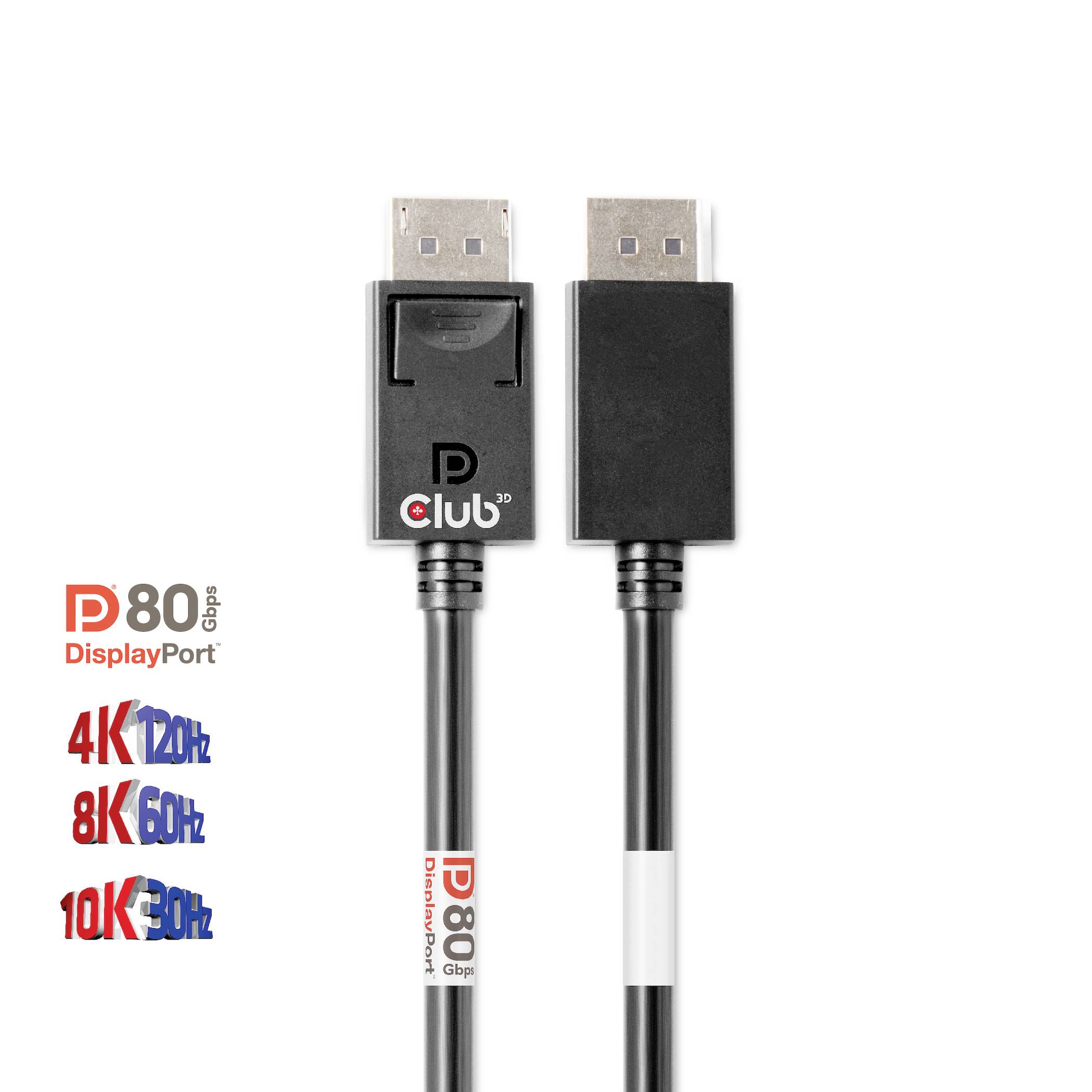 DisplayPort kábel s dvoma konektormi. Text zobrazuje '80 Gbps', '8K 60Hz' a '4K 120Hz'. Vhodný pre vysokorozlíšené video pripojenia.