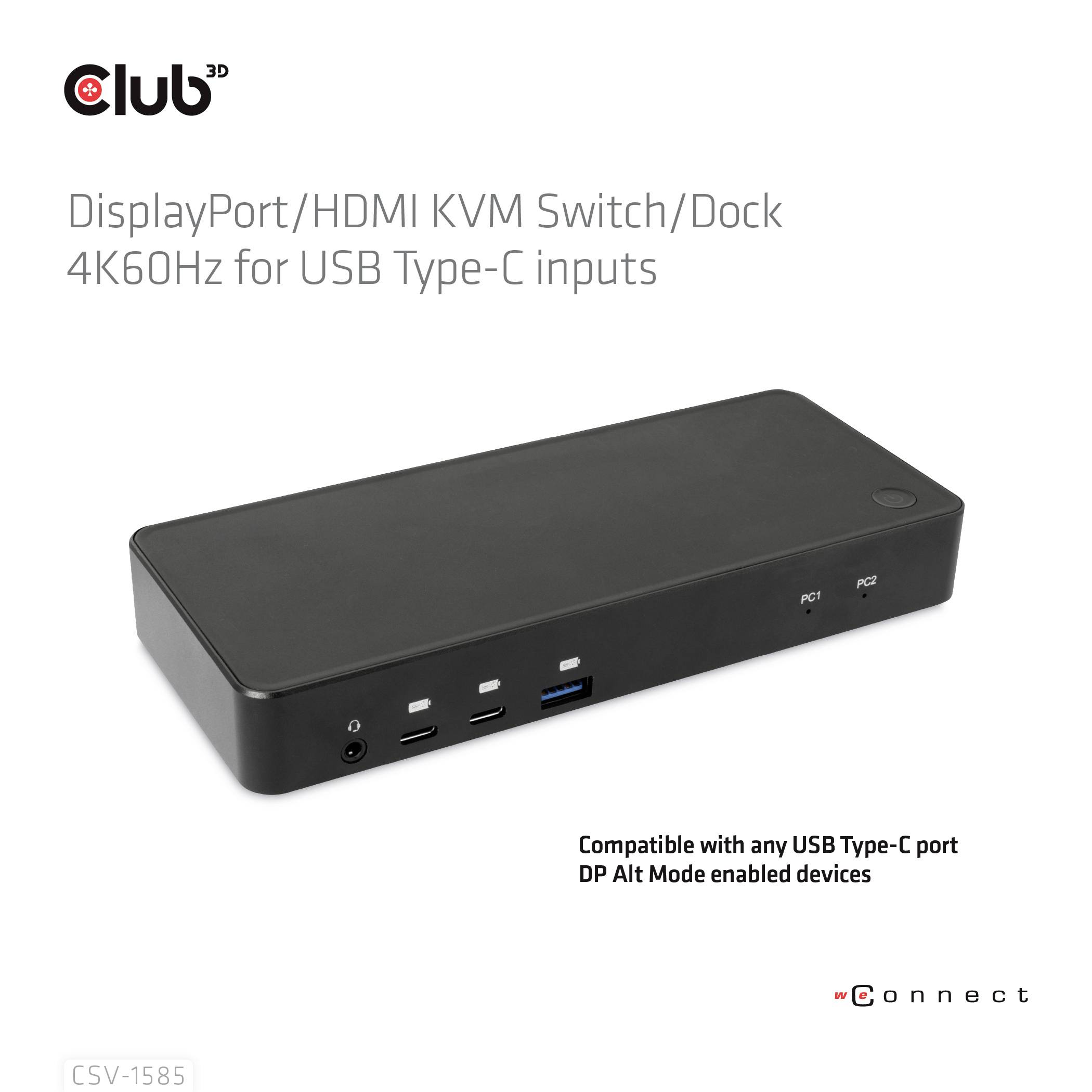 Čierny KVM prepínač/dok Schwarzes Club 3D s DisplayPort/HDMI, 4K60Hz, USB Typ-C vstupy. Kompatibilný so zariadeniami s USB Typ-C portom v DP Alt Mode.