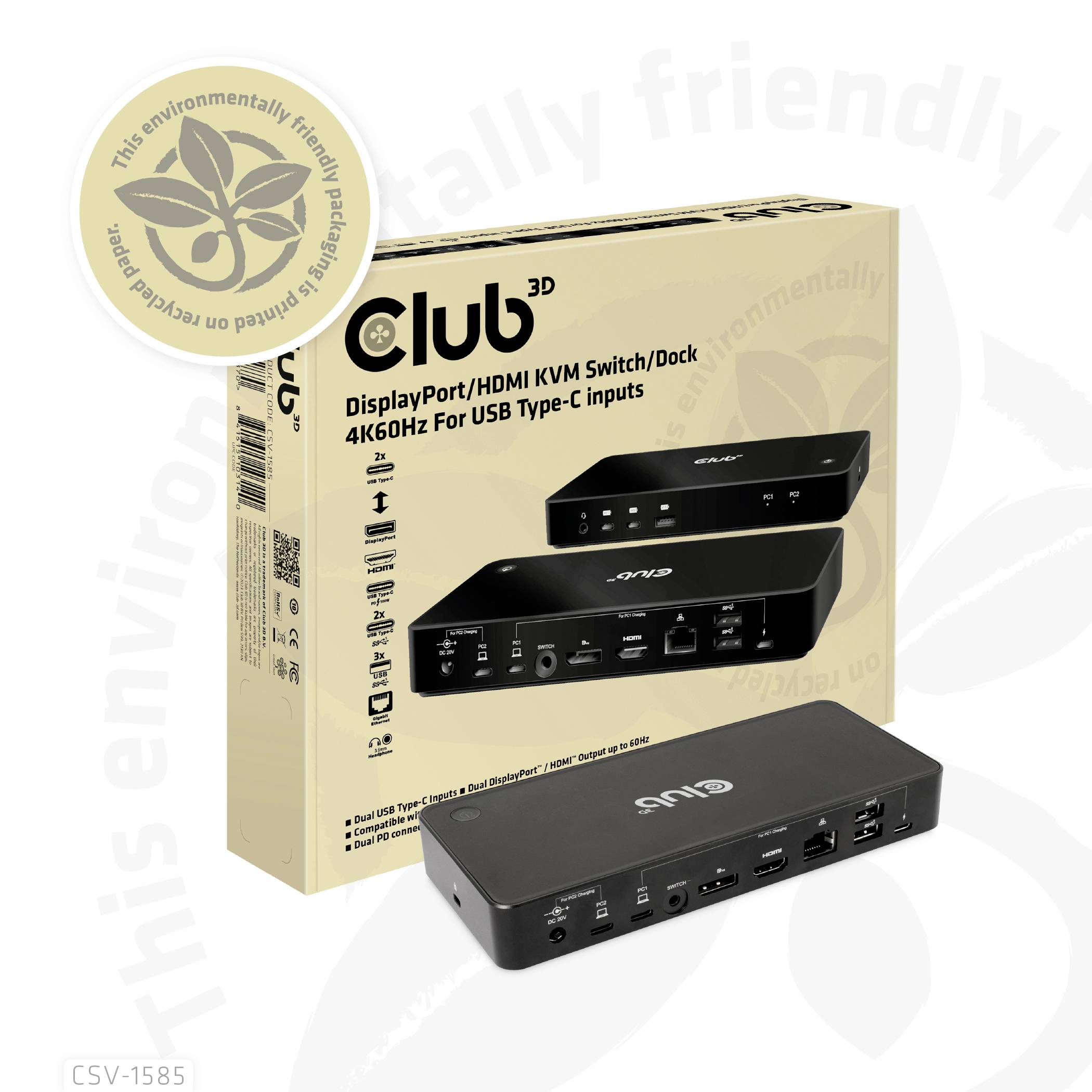 Obal ukazuje DisplayPort/HDMI KVM prepínač/dokovací adaptér od Club 3D pre USB Type-C, podporujúci rozlíšenie 4K pri 60 Hz.