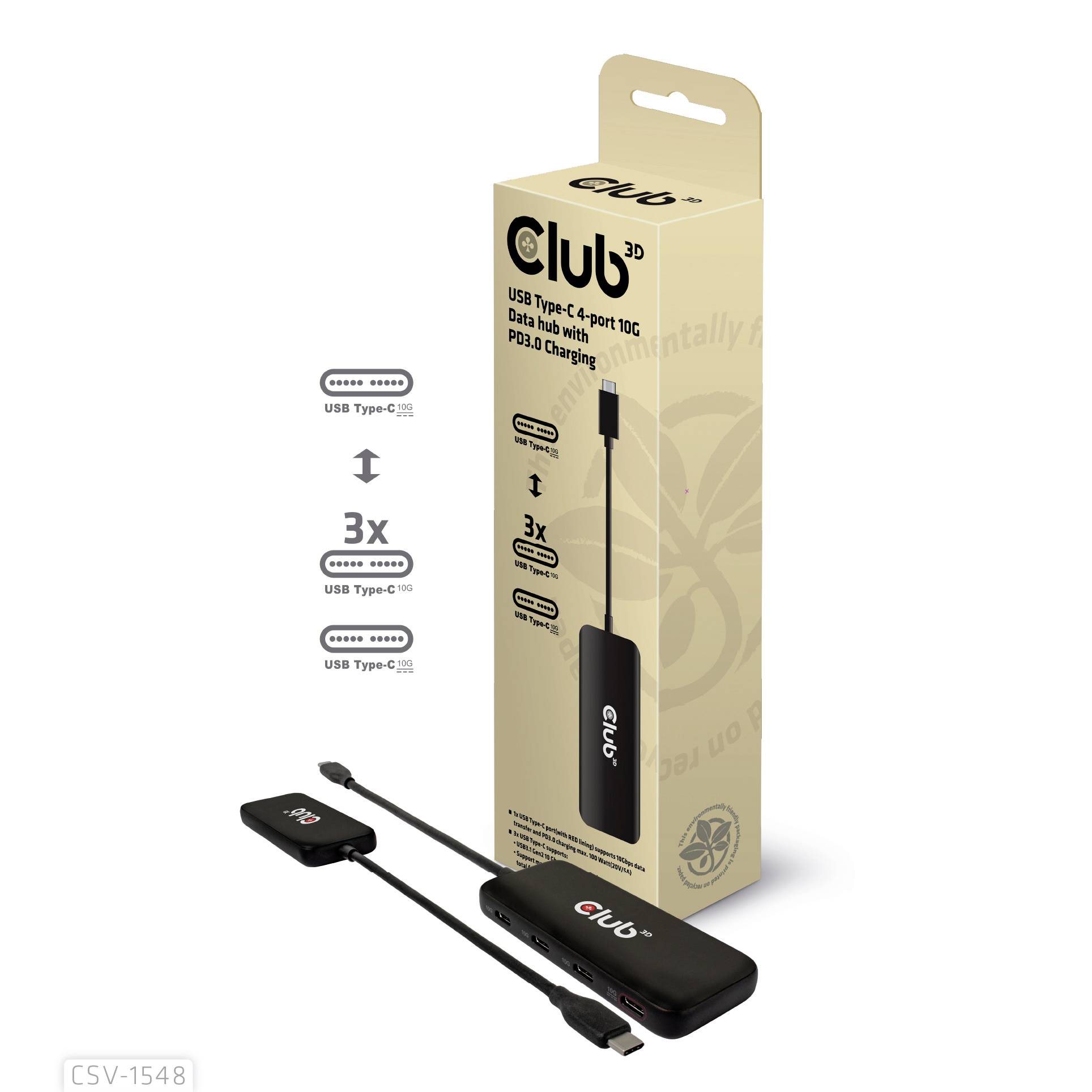 USB Type-C hub so 4 portami a nabíjaním PD3.0. Balenie zobrazuje zariadenie a zdôrazňuje tri USB Type-C porty.