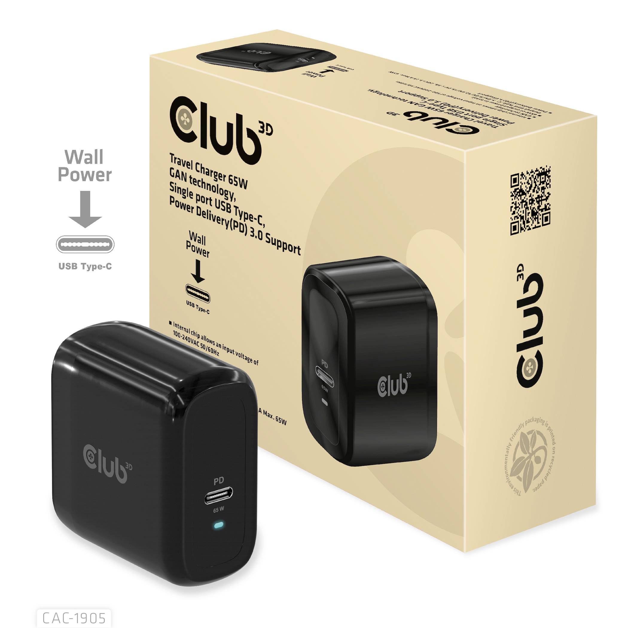 Cestovná nabíjačka Club 3D s GaN technológiou, 65W výkon, USB Type-C port, Power Delivery a Quick Charge 3.0.