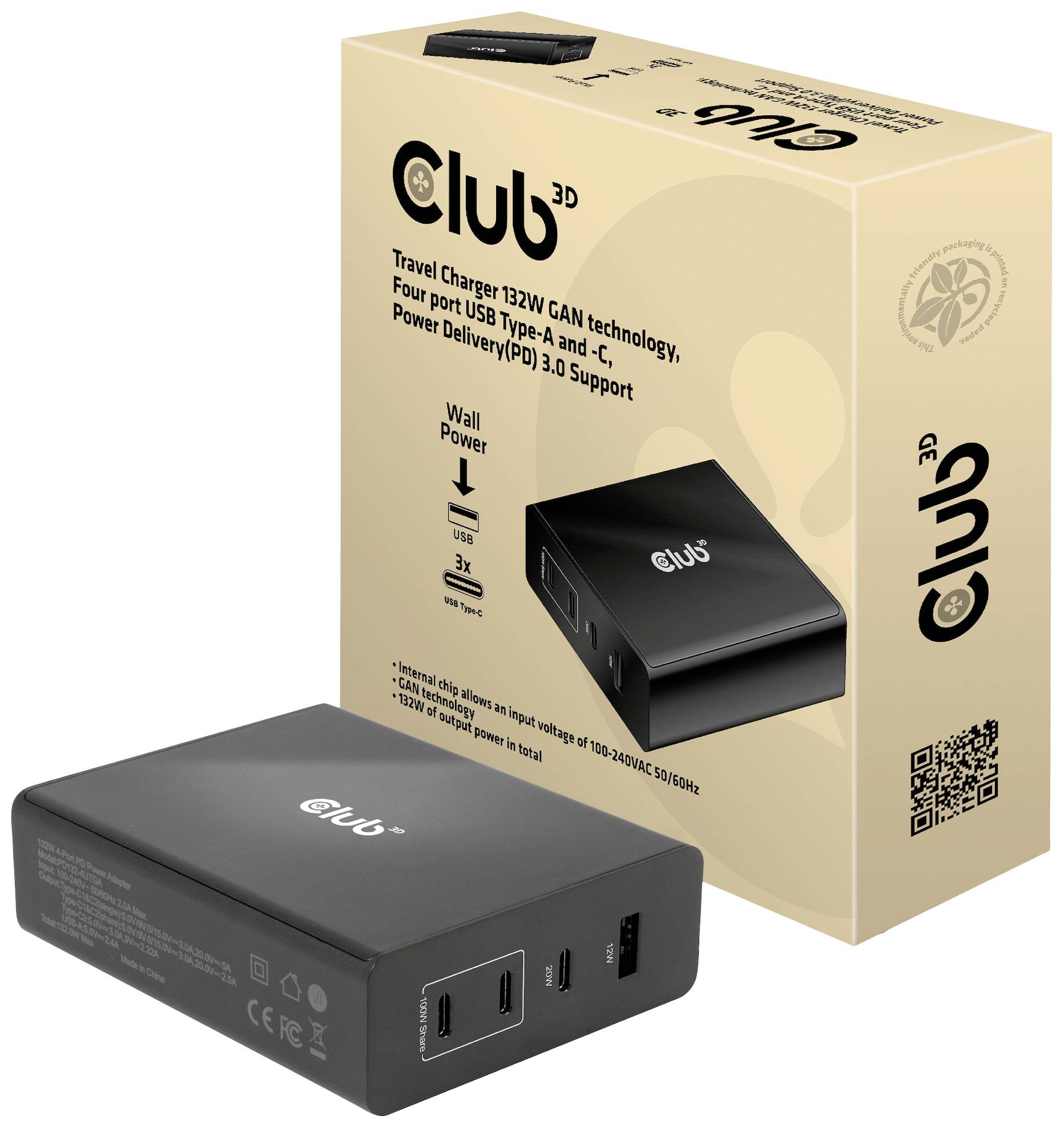 Cestovná nabíjačka od Club3D s GaN technológiou, 132 W, so štyrmi USB portami (Typ A a C) a podporou Power Delivery (PD) 3.0. Balenie a zariadenie sú zobrazené.