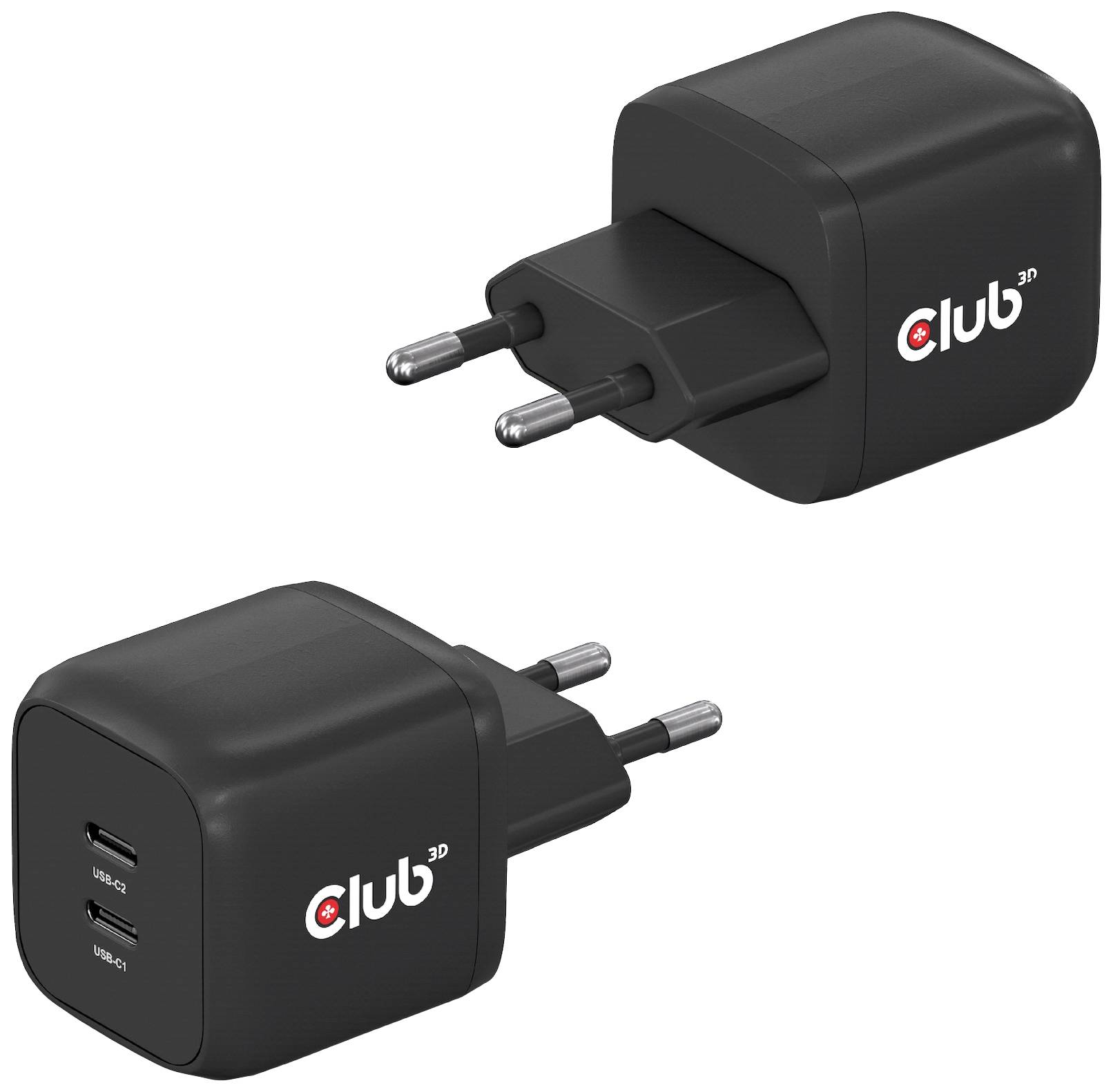 Dva čierne USB nabíjačky s EU zástrčkou a logom Club 3D, jedna zobrazuje dva USB-C porty, druhá je zachytená v blízkosti zástrčky.
