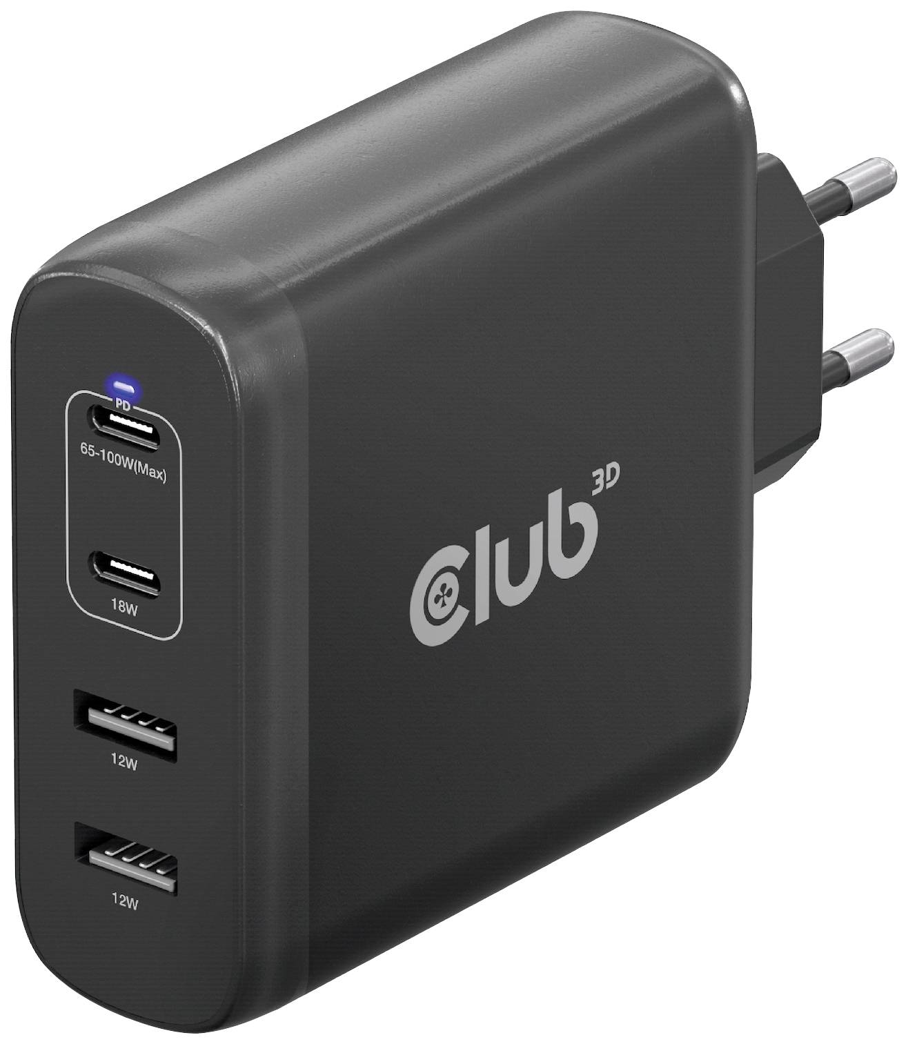 'Čierna nabíjačka Club3D s dvoma USB portami a jedným USB-C portom. Maximálny výkon: 65W (PD), 12W (USB).'